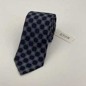 Eton Tie Mens One Size Navy Blue Silk Geometric Medallion Made Italy Necktie NWT
